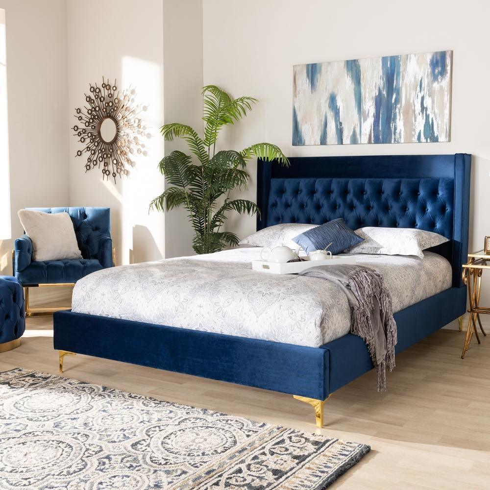 Valery Modern and Contemporary Navy Blue Velvet Fabric Upholstered King Size Platform Bed with Gold-Finished Legs FredCo