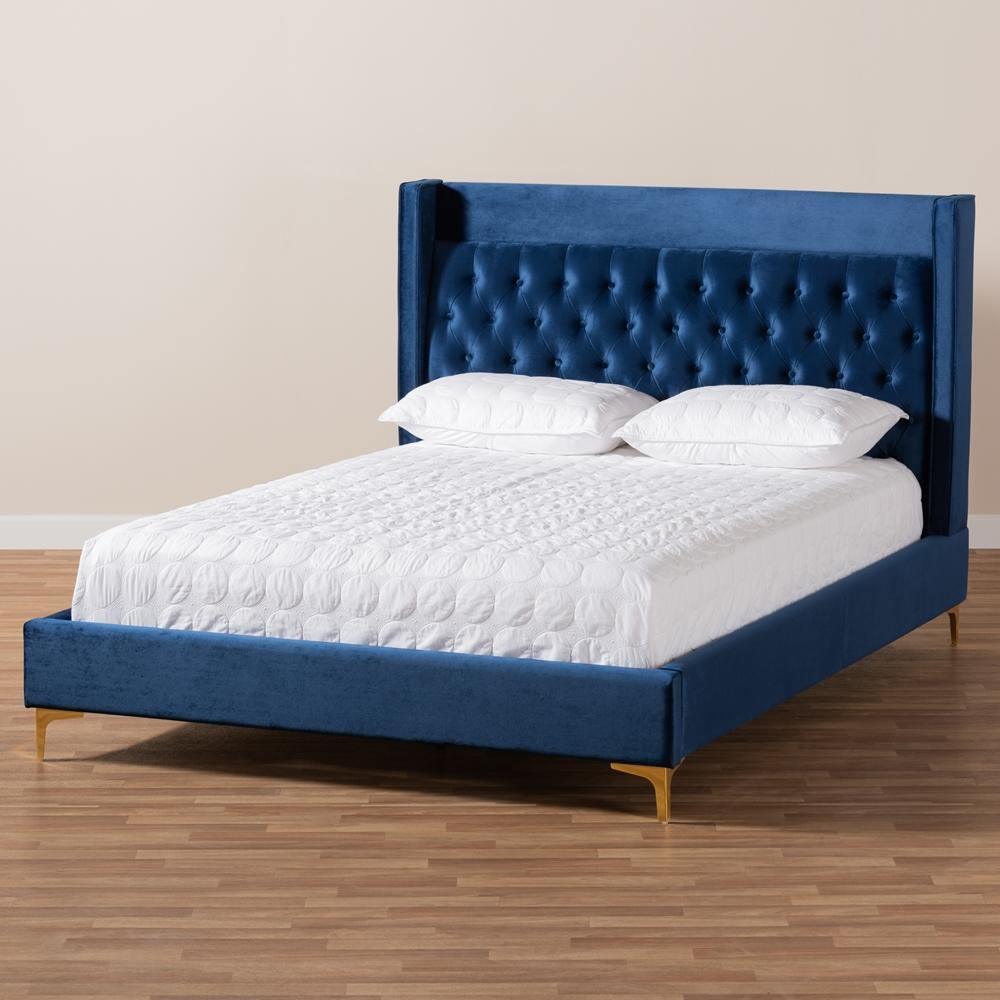 Valery Modern and Contemporary Navy Blue Velvet Fabric Upholstered King Size Platform Bed with Gold-Finished Legs FredCo