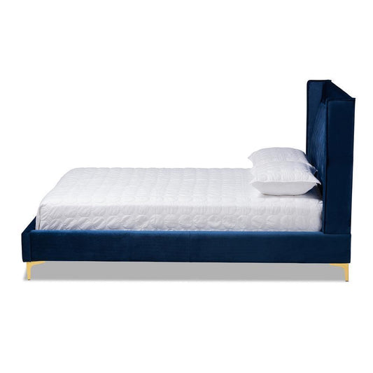 Valery Modern and Contemporary Navy Blue Velvet Fabric Upholstered Queen Size Platform Bed with Gold-Finished Legs FredCo