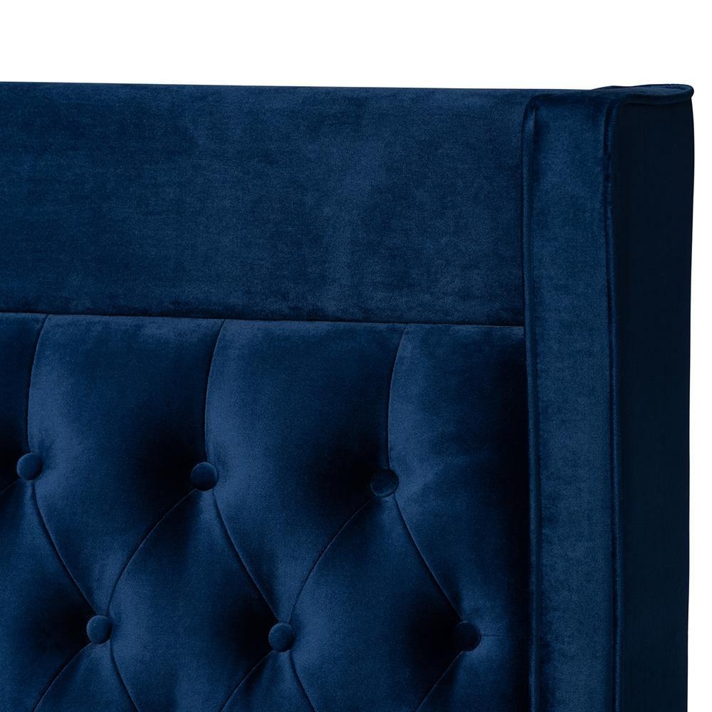 Valery Modern and Contemporary Navy Blue Velvet Fabric Upholstered Queen Size Platform Bed with Gold-Finished Legs FredCo