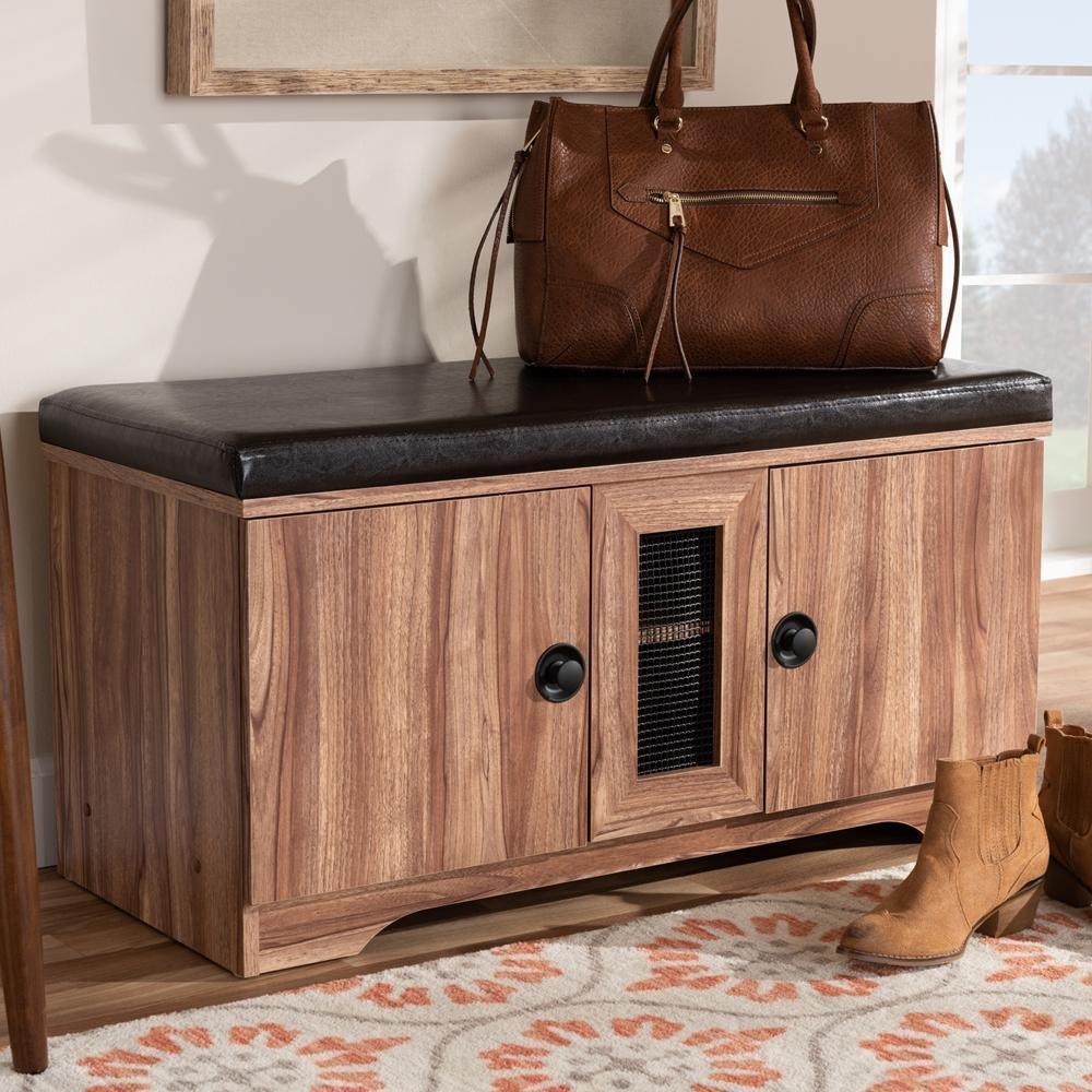 Valina Modern and Contemporary Dark Brown Faux Leather Upholstered 2-Door Wood Shoe Storage Bench FredCo