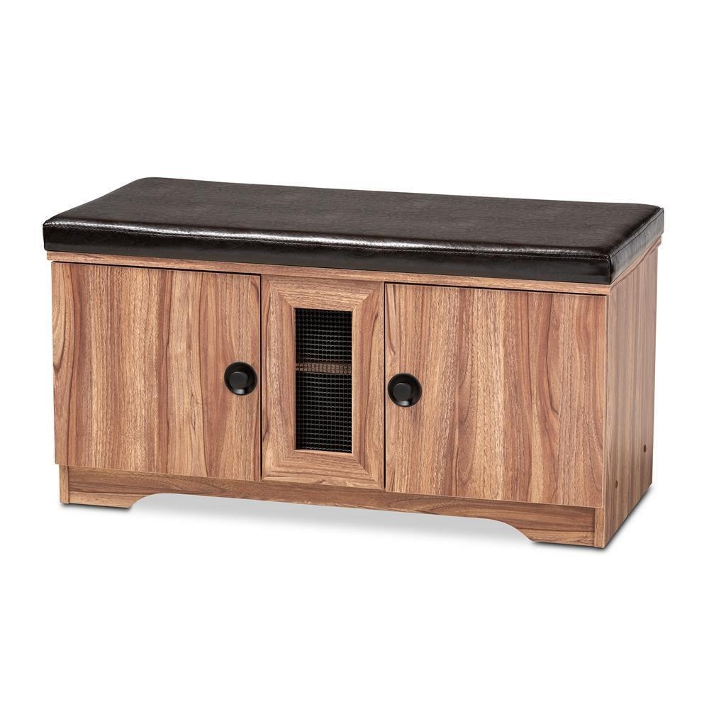 Valina Modern and Contemporary Dark Brown Faux Leather Upholstered 2-Door Wood Shoe Storage Bench FredCo
