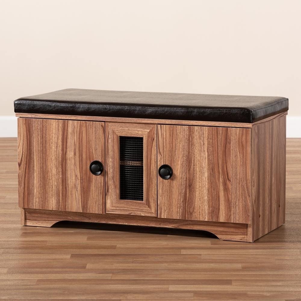 Valina Modern and Contemporary Dark Brown Faux Leather Upholstered 2-Door Wood Shoe Storage Bench FredCo