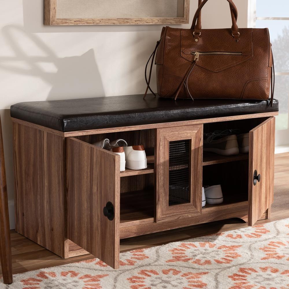 Valina Modern and Contemporary Dark Brown Faux Leather Upholstered 2-Door Wood Shoe Storage Bench FredCo