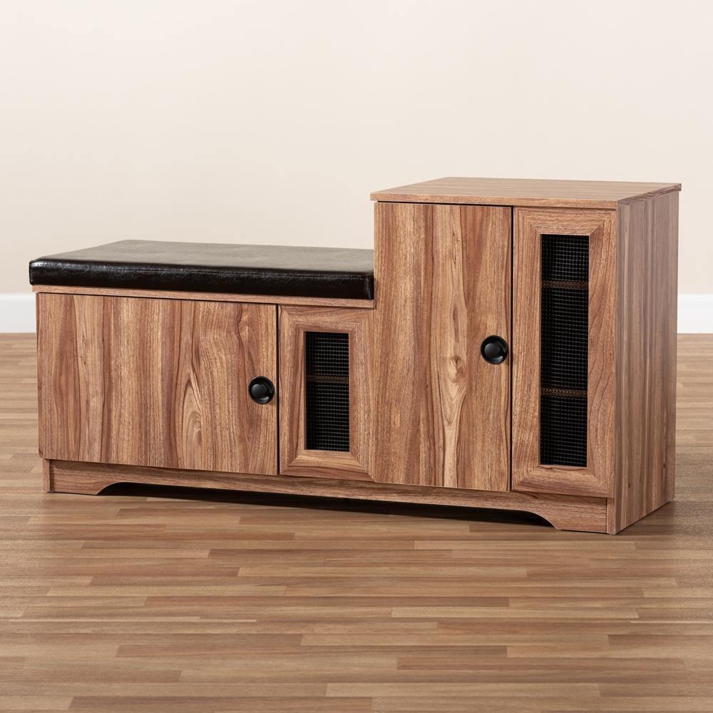 Valina Modern and Contemporary Dark Brown Faux Leather Upholstered 2-Door Wood Shoe Storage Bench with Cabinet FredCo