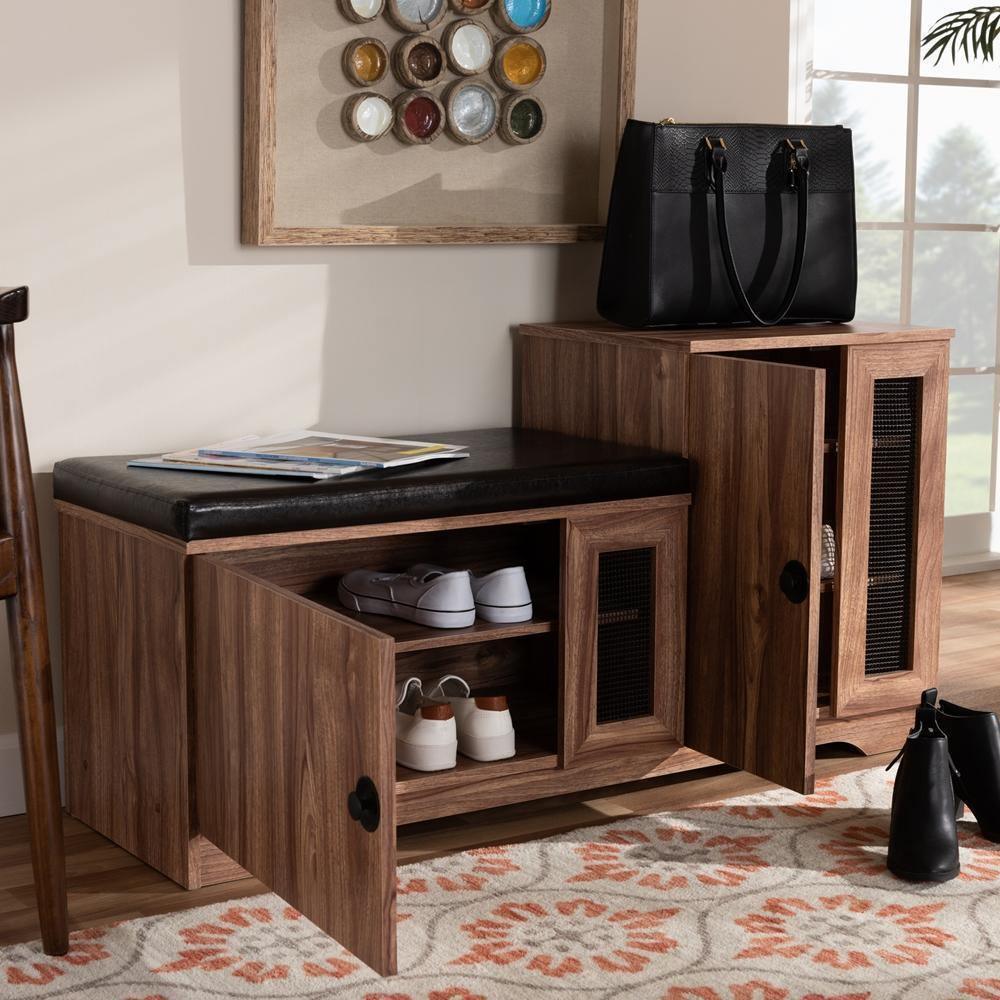 Valina Modern and Contemporary Dark Brown Faux Leather Upholstered 2-Door Wood Shoe Storage Bench with Cabinet FredCo