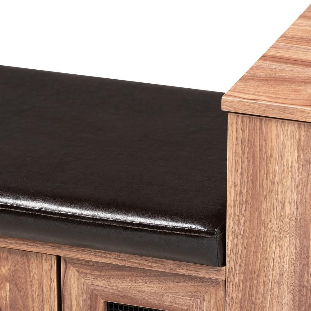 Valina Modern and Contemporary Dark Brown Faux Leather Upholstered 2-Door Wood Shoe Storage Bench with Cabinet FredCo