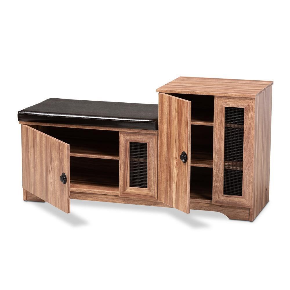Valina Modern and Contemporary Dark Brown Faux Leather Upholstered 2-Door Wood Shoe Storage Bench with Cabinet FredCo