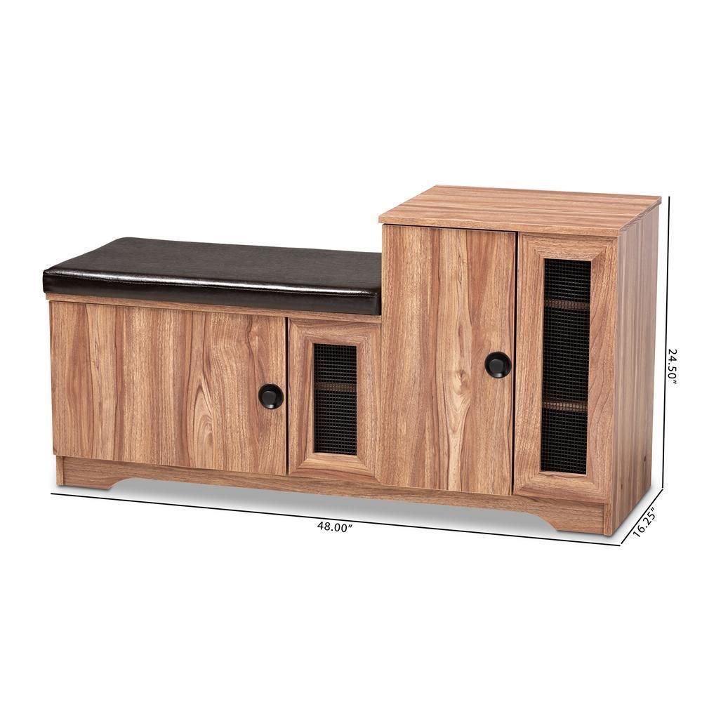 Valina Modern and Contemporary Dark Brown Faux Leather Upholstered 2-Door Wood Shoe Storage Bench with Cabinet FredCo