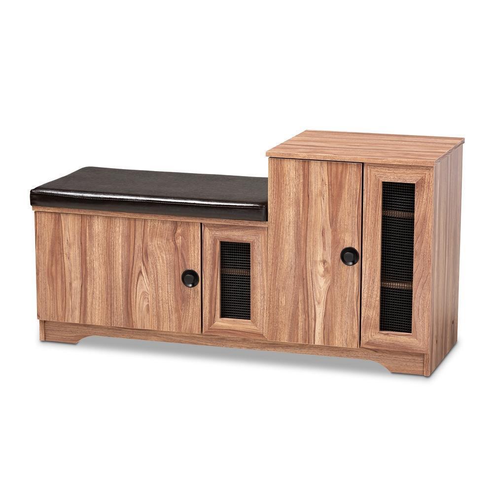 Valina Modern and Contemporary Dark Brown Faux Leather Upholstered 2-Door Wood Shoe Storage Bench with Cabinet FredCo