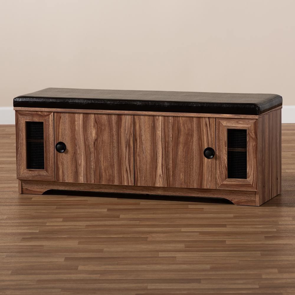 Valina Modern and Contemporary Dark Brown Faux Leather Upholstered 2-Door Wood Shoe Storage Bench with Screen Inserts FredCo