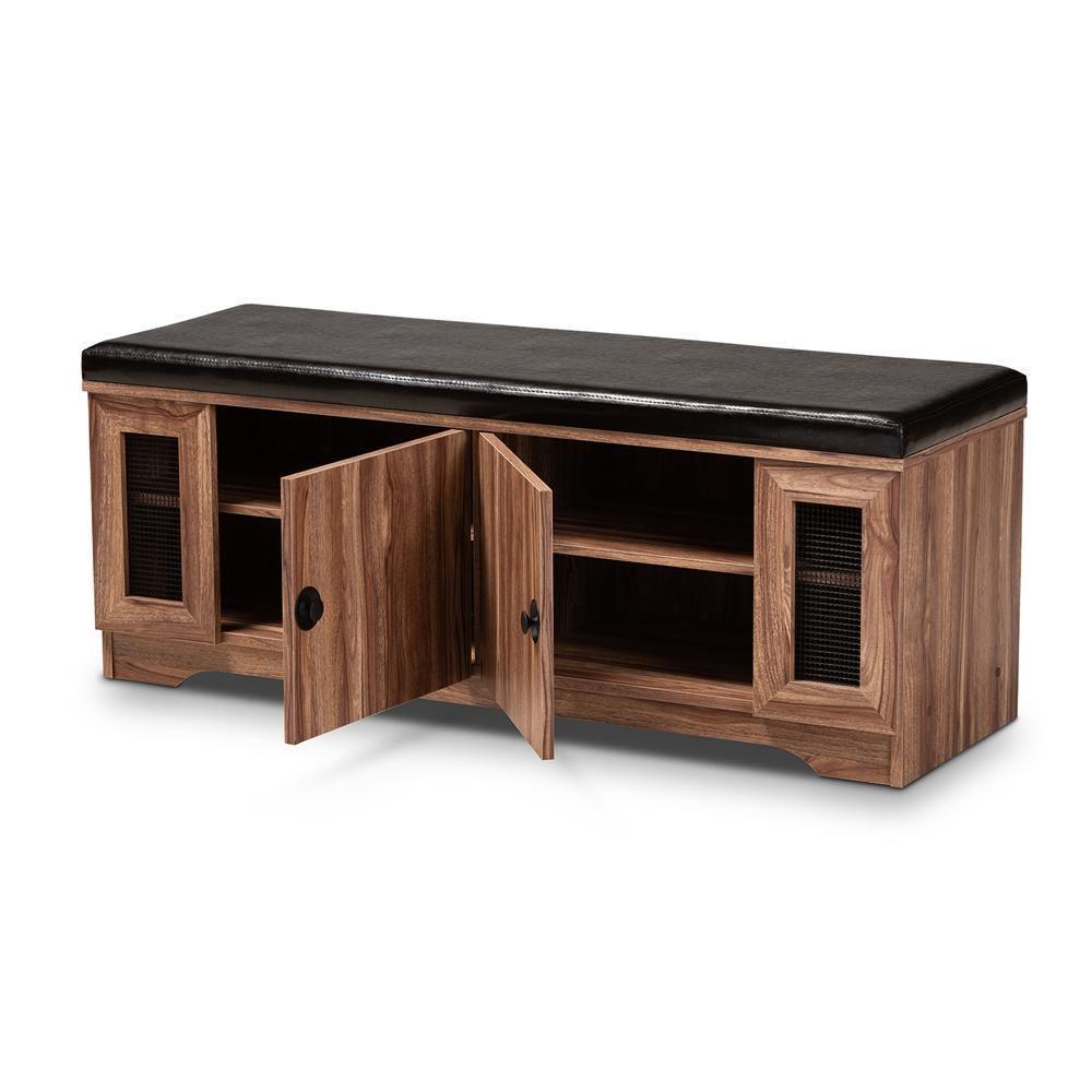 Valina Modern and Contemporary Dark Brown Faux Leather Upholstered 2-Door Wood Shoe Storage Bench with Screen Inserts FredCo