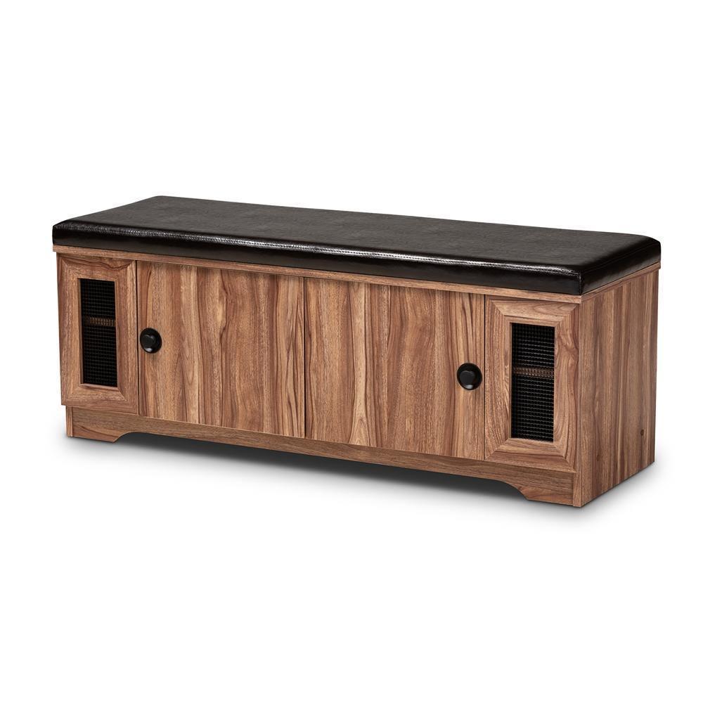 Valina Modern and Contemporary Dark Brown Faux Leather Upholstered 2-Door Wood Shoe Storage Bench with Screen Inserts FredCo