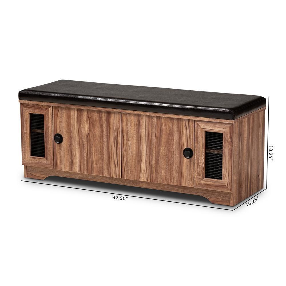 Valina Modern and Contemporary Dark Brown Faux Leather Upholstered 2-Door Wood Shoe Storage Bench with Screen Inserts FredCo