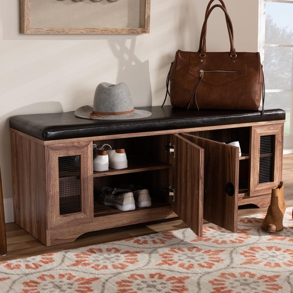 Valina Modern and Contemporary Dark Brown Faux Leather Upholstered 2-Door Wood Shoe Storage Bench with Screen Inserts FredCo