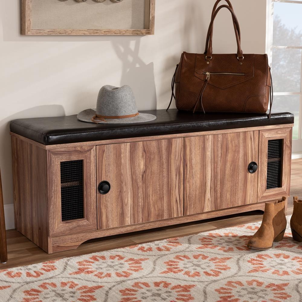 Valina Modern and Contemporary Dark Brown Faux Leather Upholstered 2-Door Wood Shoe Storage Bench with Screen Inserts FredCo