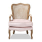 Vallea Traditional French Provincial Light Pink Velvet Fabric Upholstered White-Washed Oak Wood Armchair FredCo