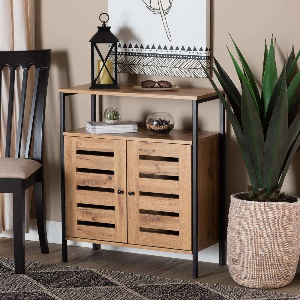 Vander Modern and Contemporary Oak Brown Finished Wood and Black Metal 2-Door Shoe Cabinet FredCo