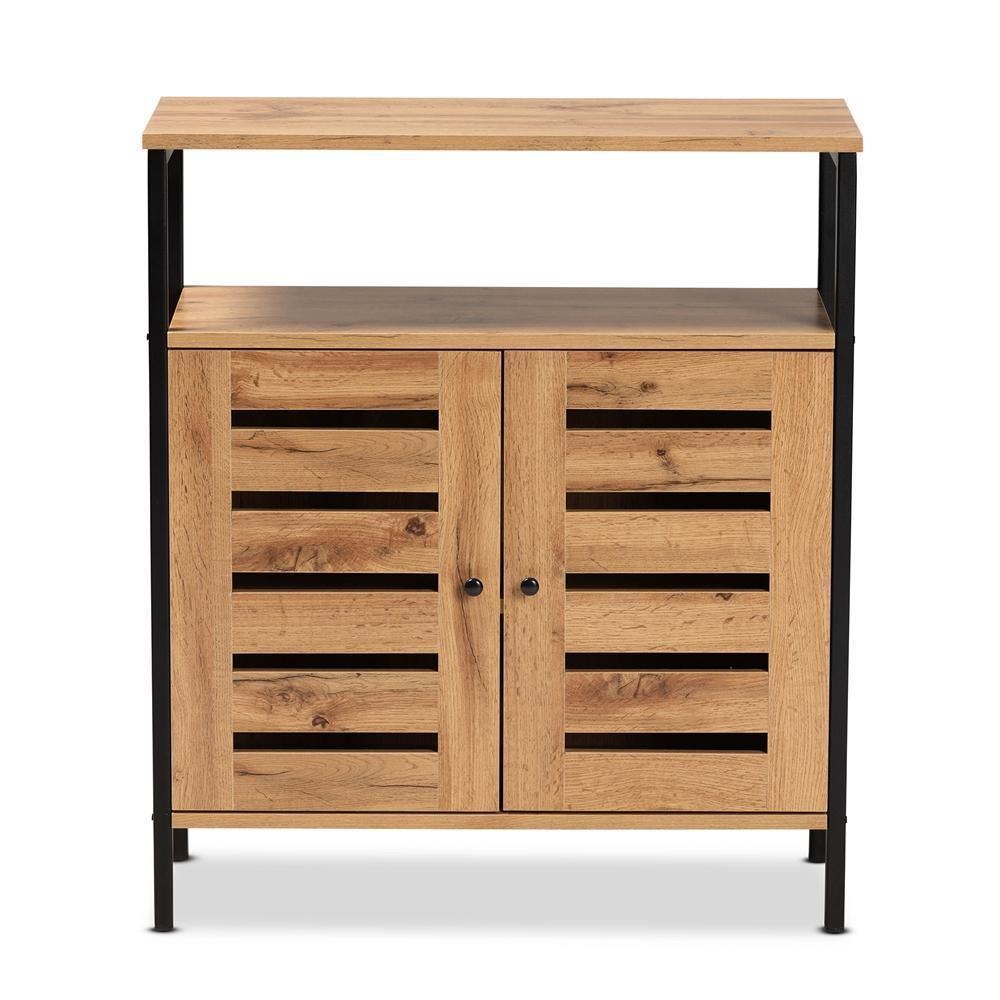 Vander Modern and Contemporary Oak Brown Finished Wood and Black Metal 2-Door Shoe Cabinet FredCo
