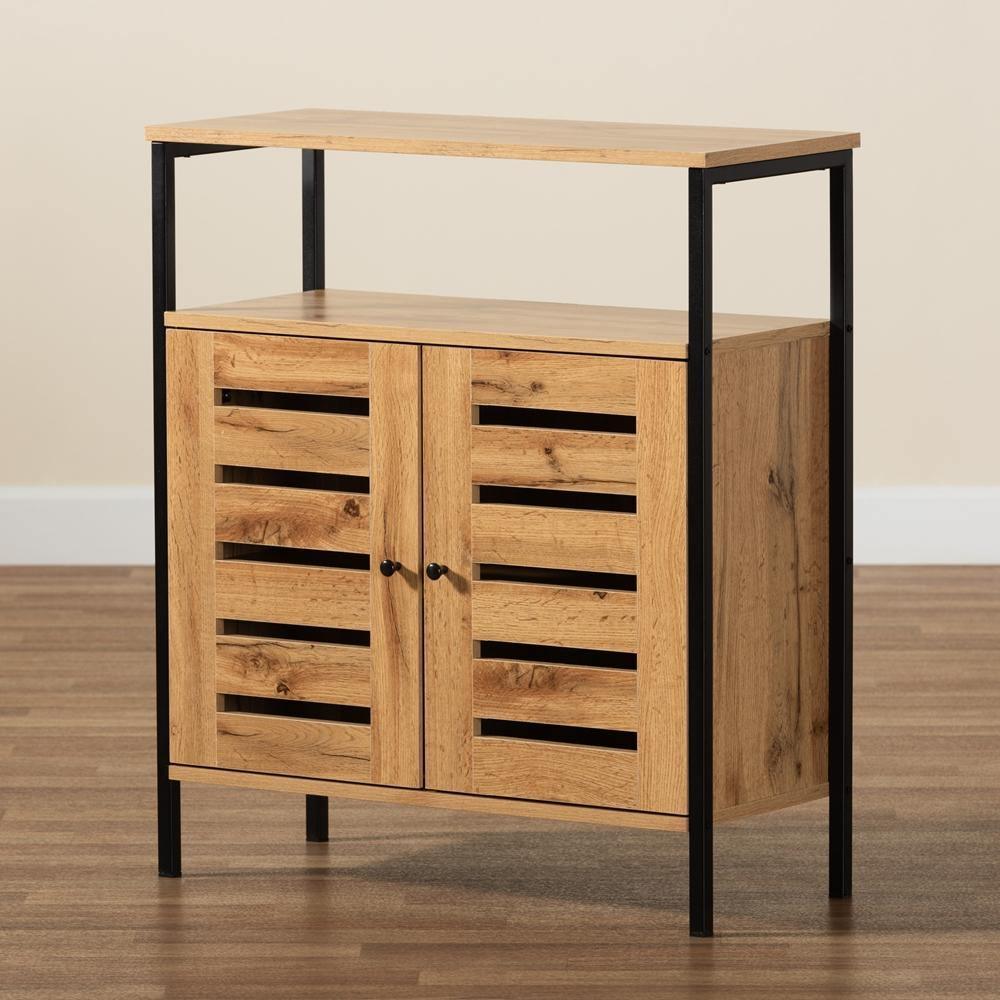 Vander Modern and Contemporary Oak Brown Finished Wood and Black Metal 2-Door Shoe Cabinet FredCo