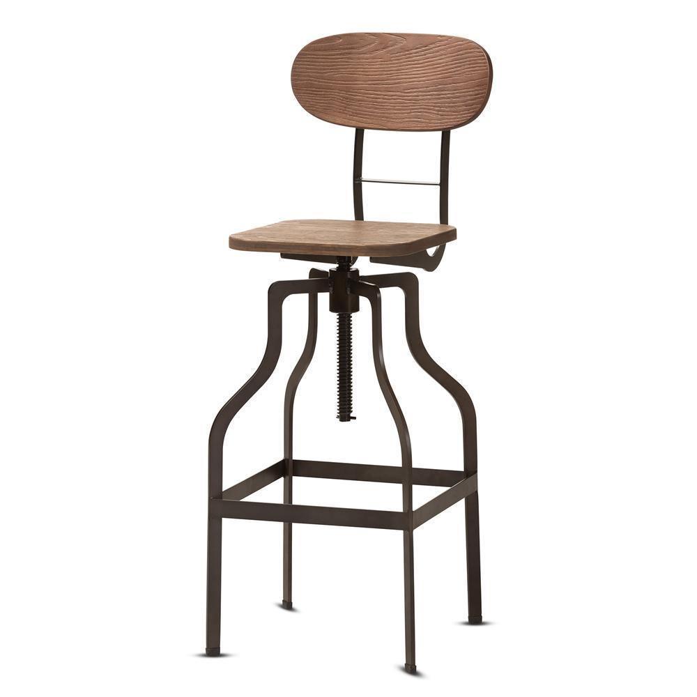 Varek Vintage Rustic Industrial Style Wood and Rust-Finished Steel Adjustable Swivel Bar Stool FredCo
