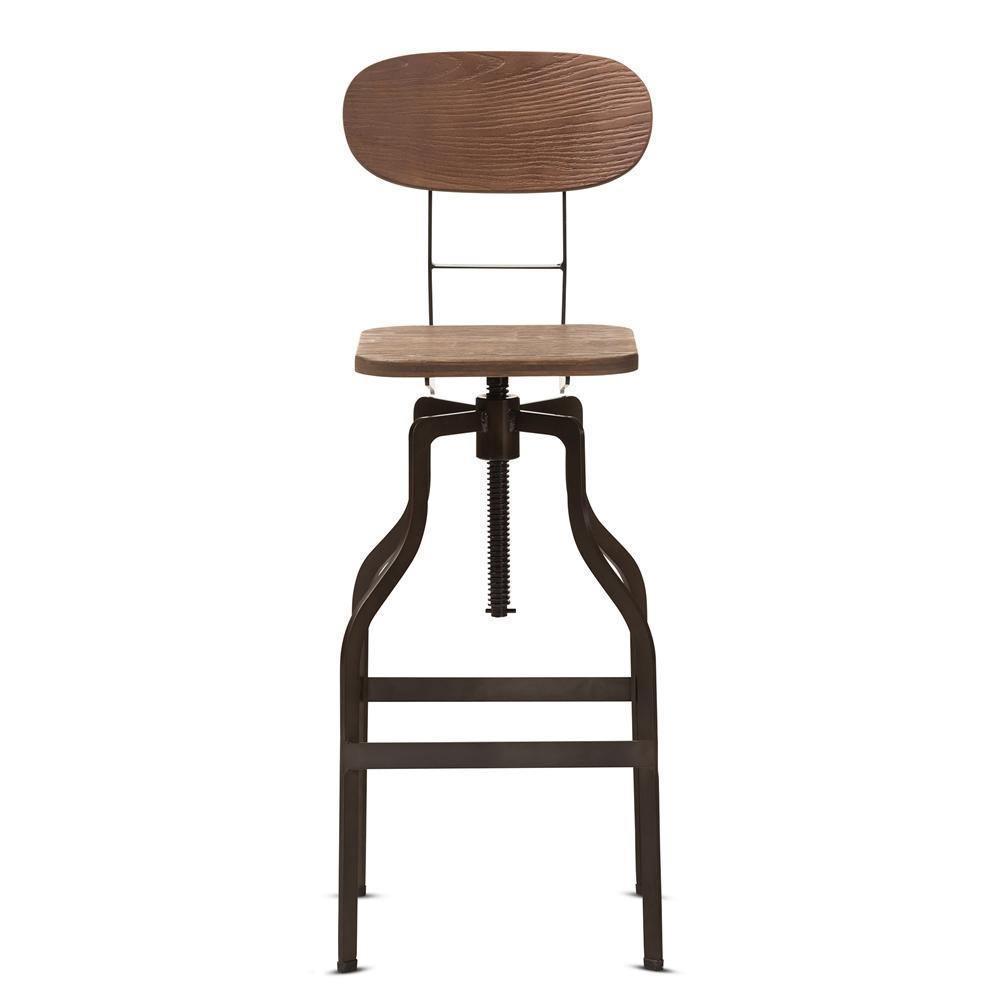 Varek Vintage Rustic Industrial Style Wood and Rust-Finished Steel Adjustable Swivel Bar Stool FredCo