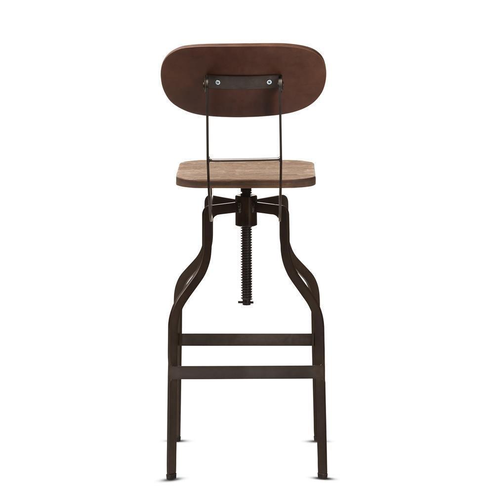 Varek Vintage Rustic Industrial Style Wood and Rust-Finished Steel Adjustable Swivel Bar Stool FredCo