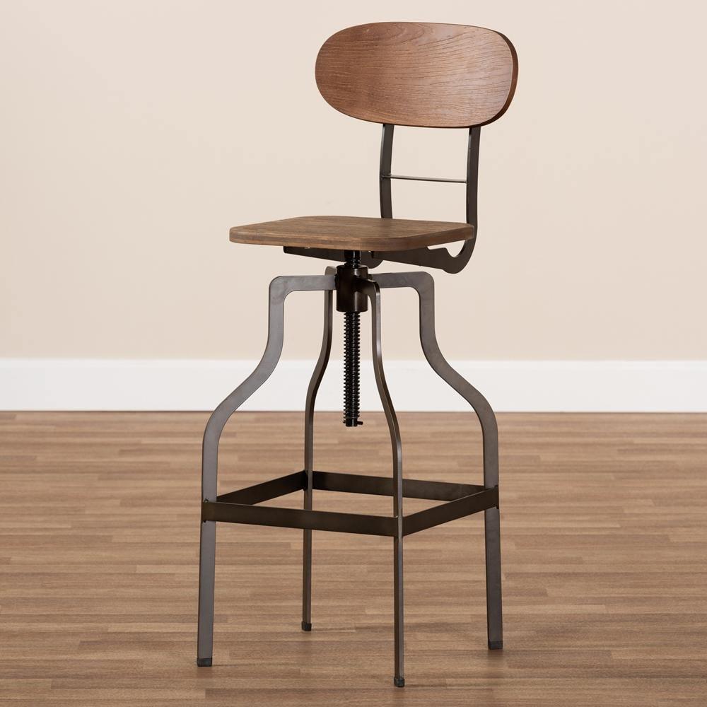 Varek Vintage Rustic Industrial Style Wood and Rust-Finished Steel Adjustable Swivel Bar Stool FredCo