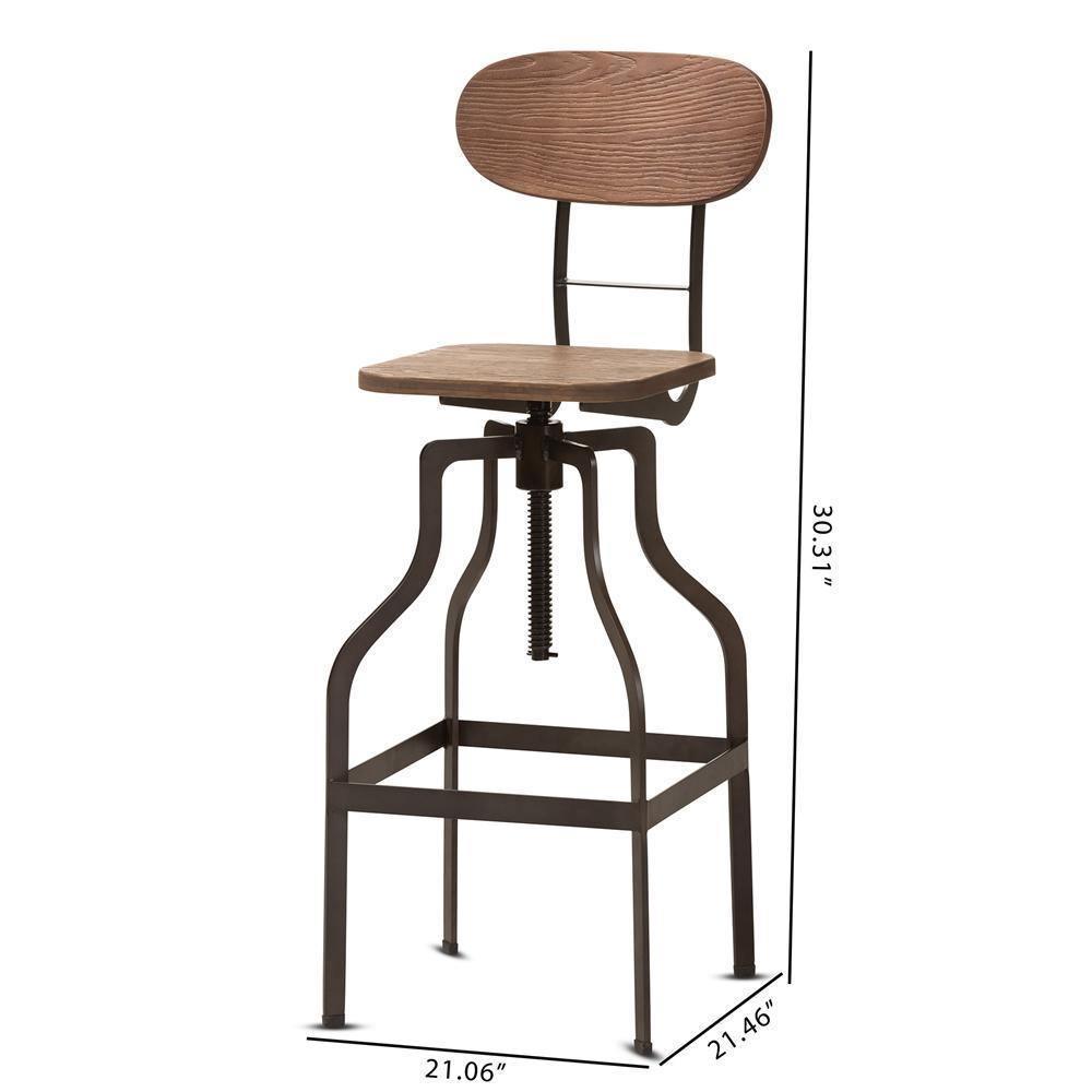 Varek Vintage Rustic Industrial Style Wood and Rust-Finished Steel Adjustable Swivel Bar Stool FredCo
