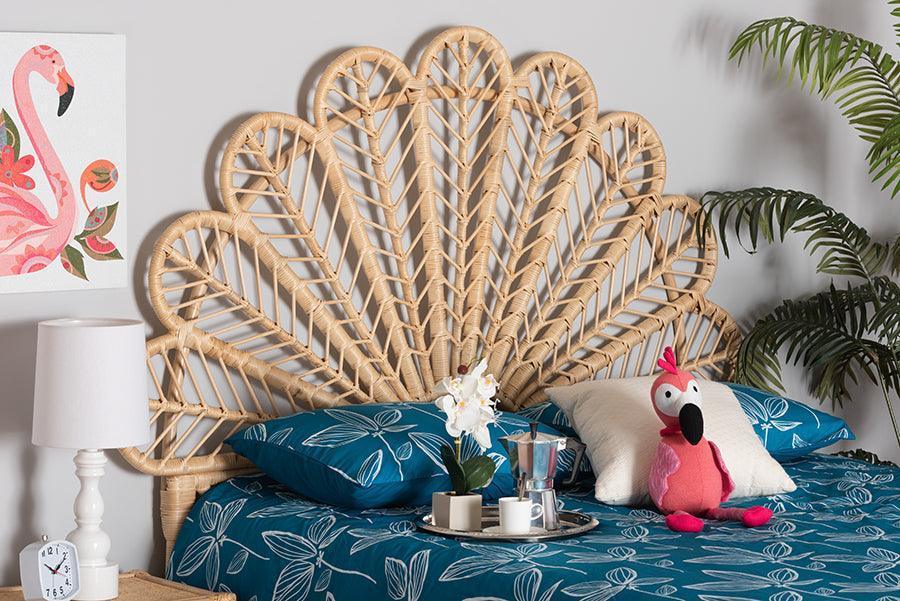 Variel Modern Bohemian Natural Brown Rattan Queen Size Standalone Headboard FredCo