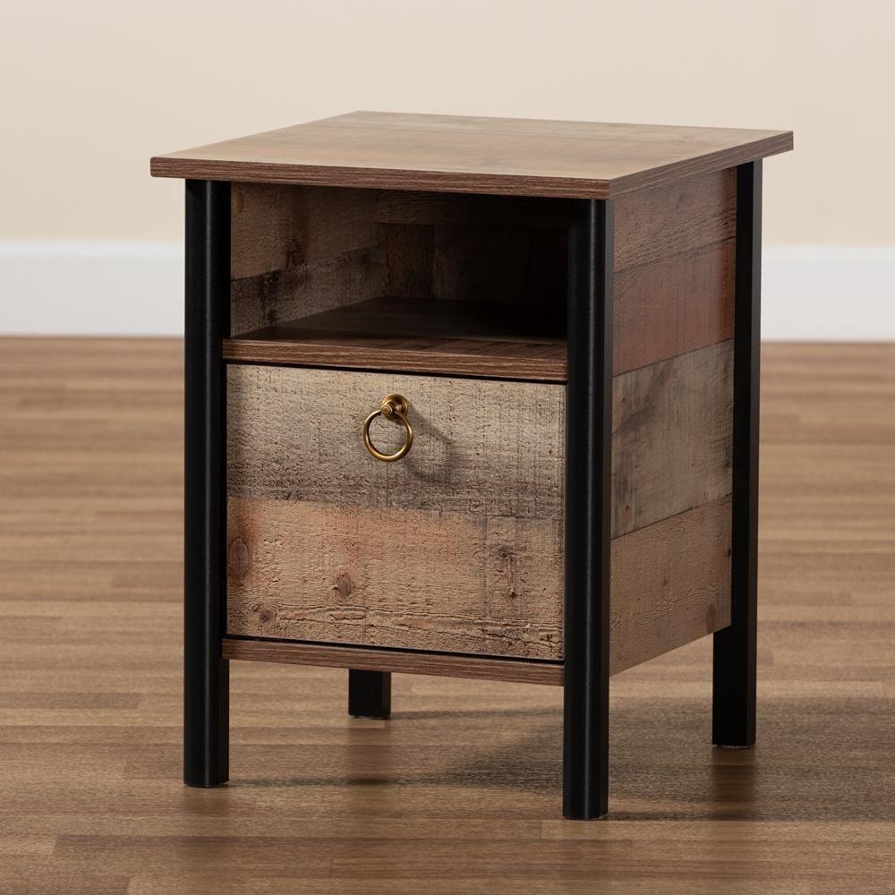 Vaughan Modern and Contemporary Two-Tone Rustic Oak Brown and Black Finished Wood Nightstand FredCo