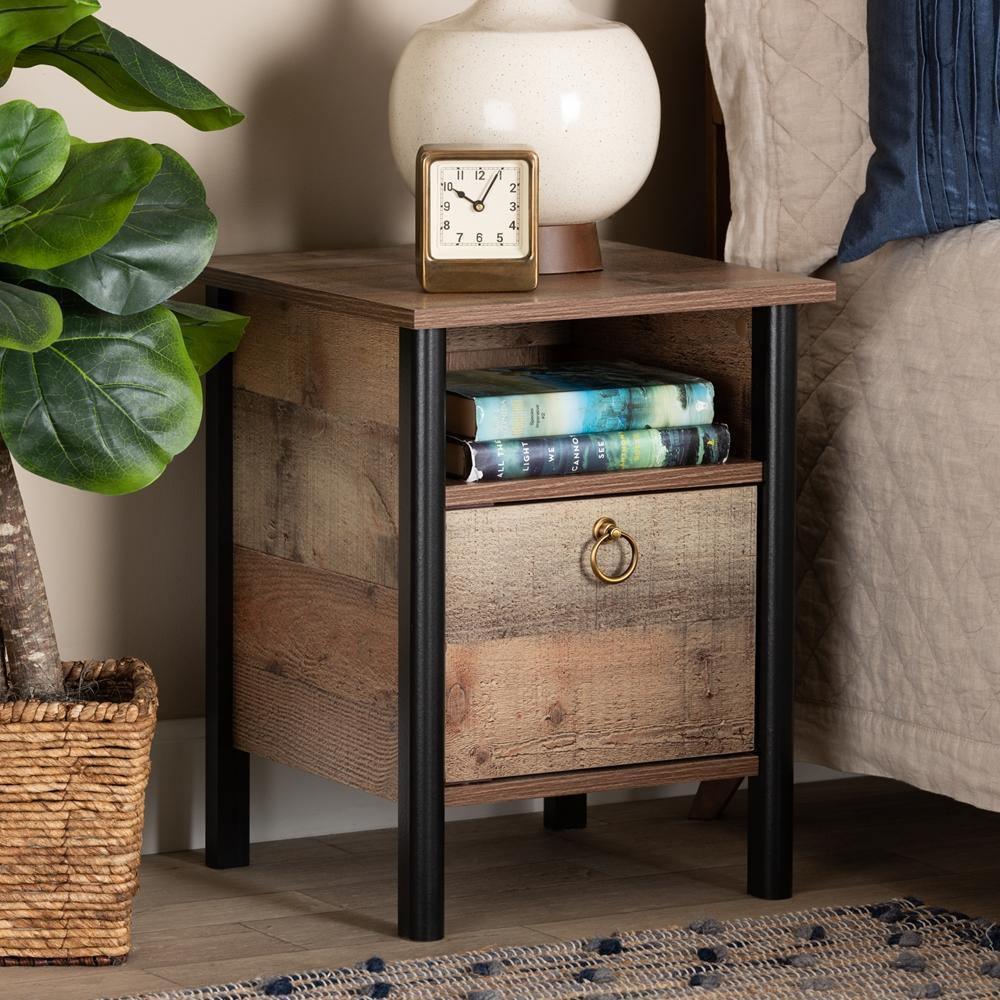 Vaughan Modern and Contemporary Two-Tone Rustic Oak Brown and Black Finished Wood Nightstand FredCo