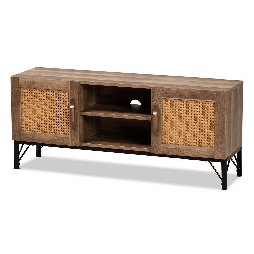 Veanna Bohemian Natural Brown Finished Wood and Black Metal 2-Door TV Stand with Synthetic Rattan FredCo