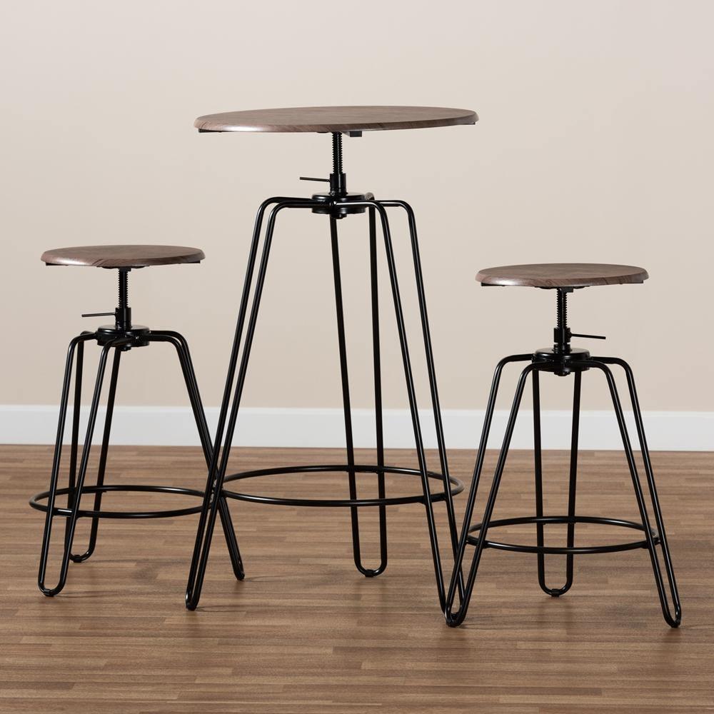 Veera Vintage Industrial Rustic Walnut Finished Wood and Black Metal 3-Piece Height Adjustable Bar Pub Set FredCo