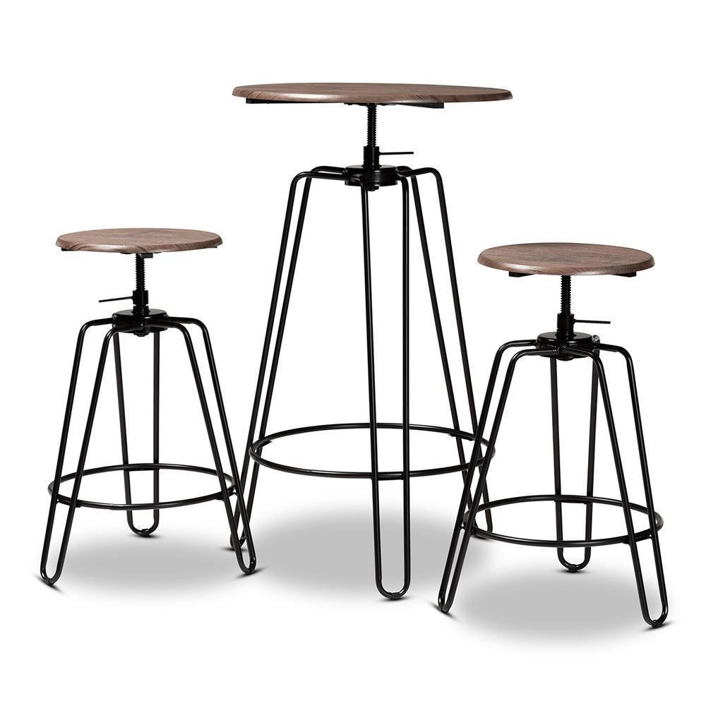 Veera Vintage Industrial Rustic Walnut Finished Wood and Black Metal 3-Piece Height Adjustable Bar Pub Set FredCo