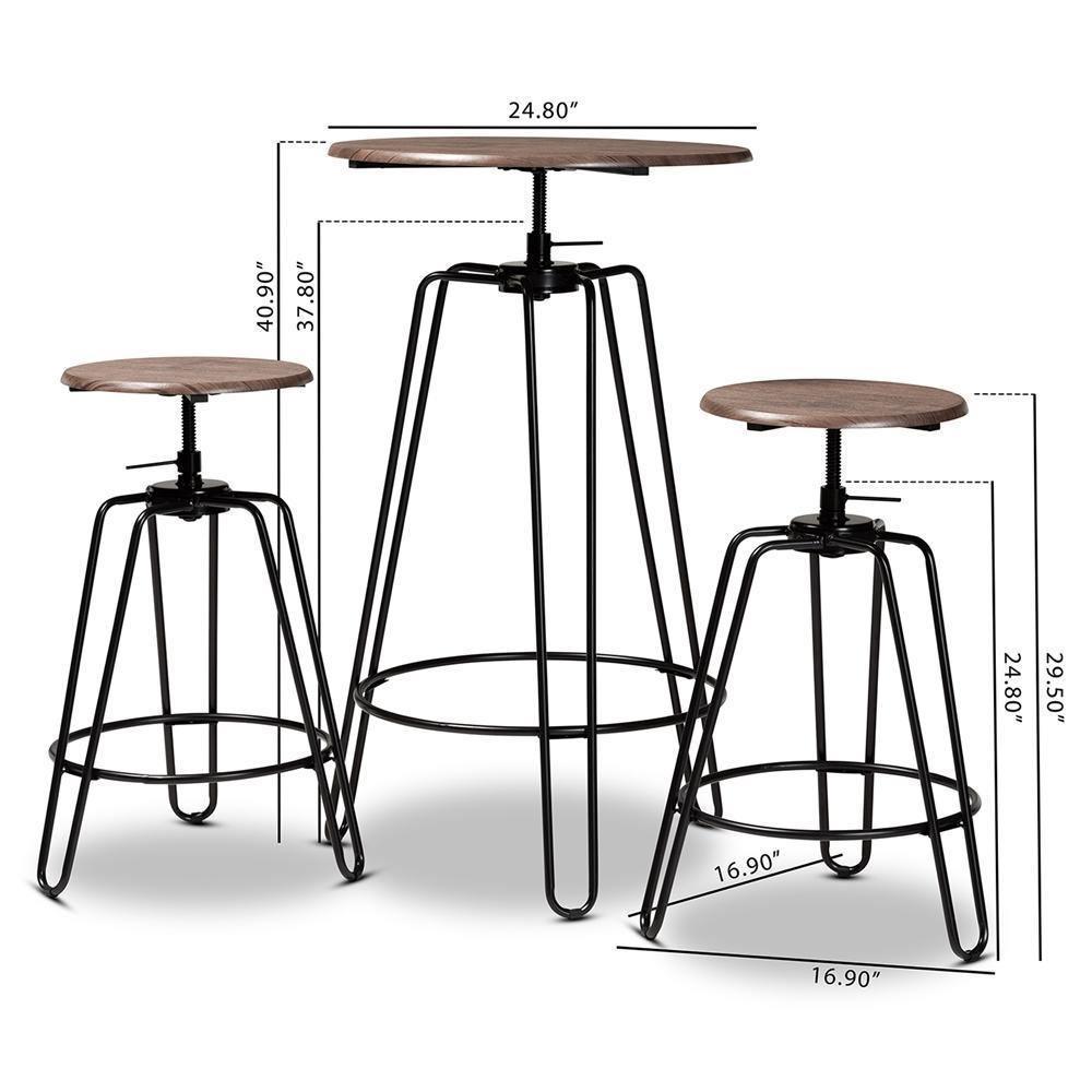 Veera Vintage Industrial Rustic Walnut Finished Wood and Black Metal 3-Piece Height Adjustable Bar Pub Set FredCo