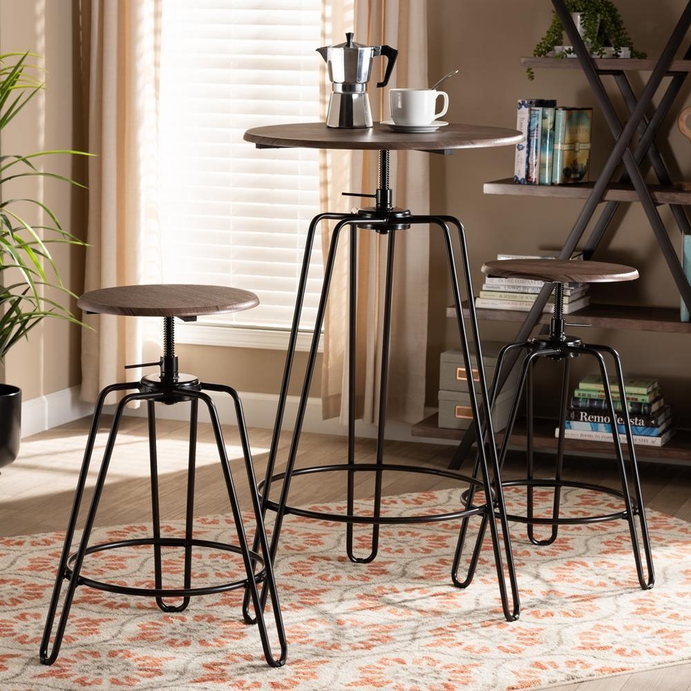 Veera Vintage Industrial Rustic Walnut Finished Wood and Black Metal 3-Piece Height Adjustable Bar Pub Set FredCo