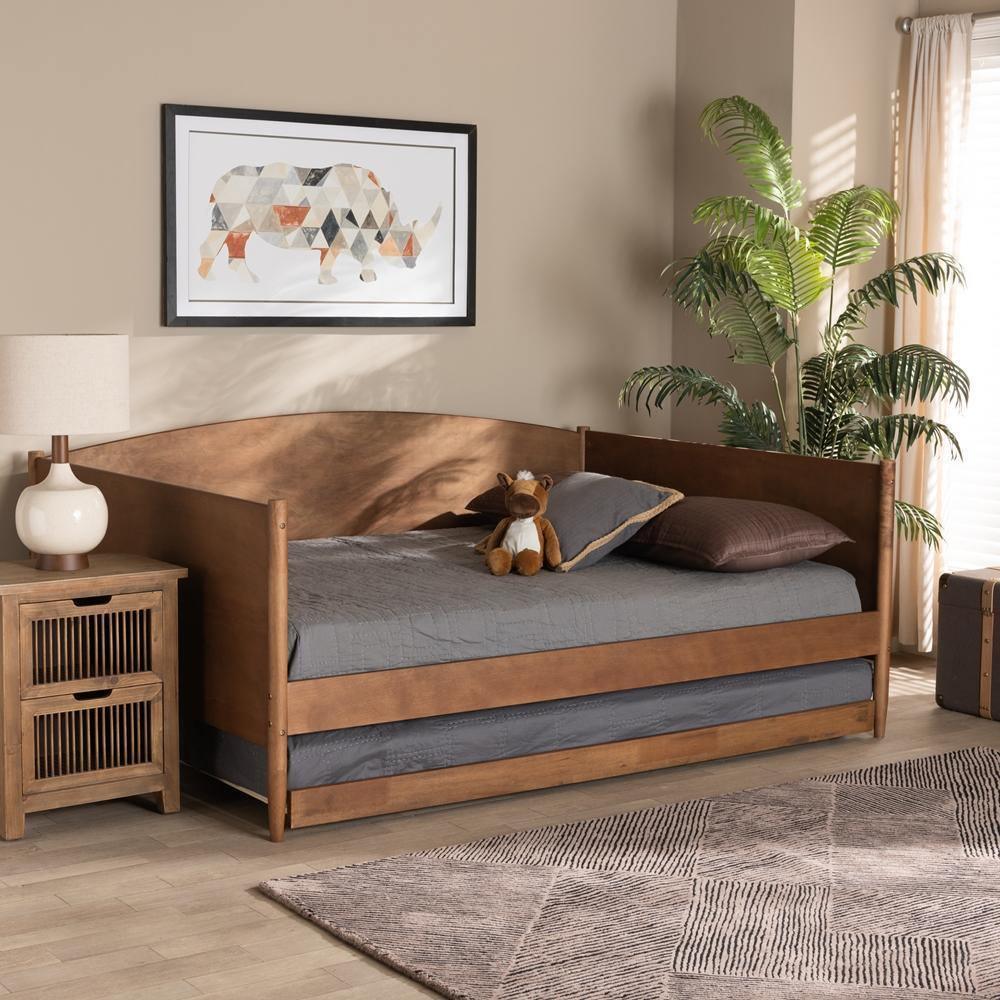 Veles Mid-Century Modern Ash Walnut Finished Wood Full Size Daybed with Trundle FredCo