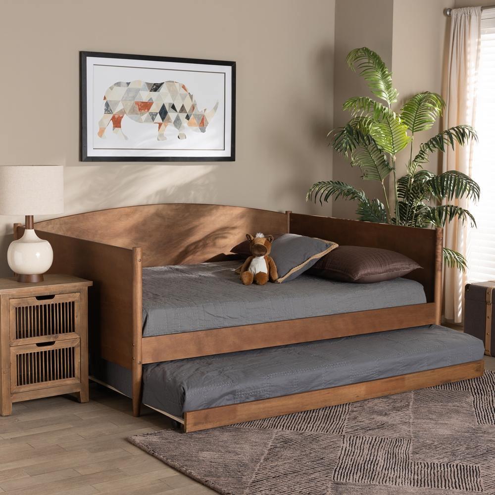 Veles Mid-Century Modern Ash Walnut Finished Wood Full Size Daybed with Trundle FredCo