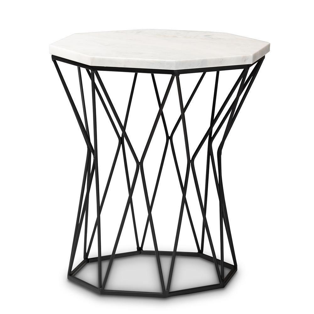 Venedict Modern and Contemporary Black Metal End Table with Marble Tabletop FredCo