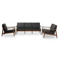 Venza Mid-Century Modern Walnut Wood Black Faux Leather 3-Piece Livingroom Set FredCo