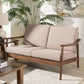 Venza Mid-Century Modern Walnut Wood Light Brown Fabric Upholstered 2-Seater Loveseat FredCo