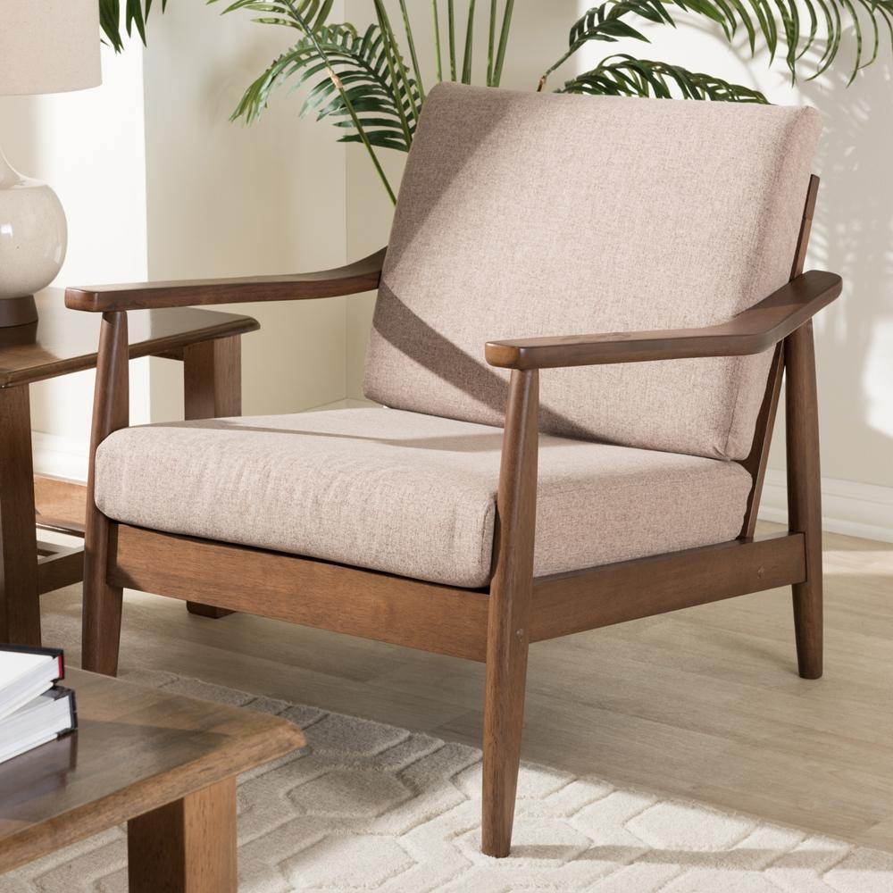 Venza Mid-Century Modern Walnut Wood Light Brown Fabric Upholstered Lounge Chair FredCo
