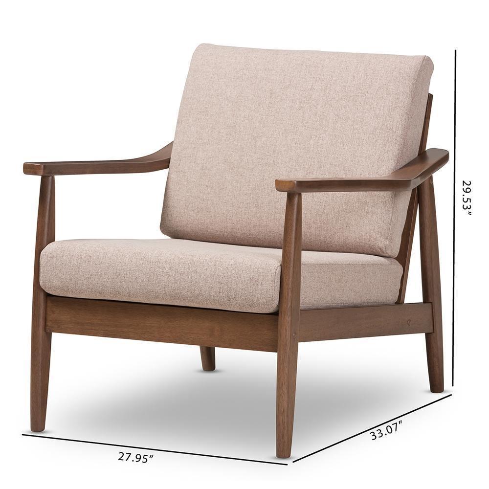 Venza Mid-Century Modern Walnut Wood Light Brown Fabric Upholstered Lounge Chair FredCo