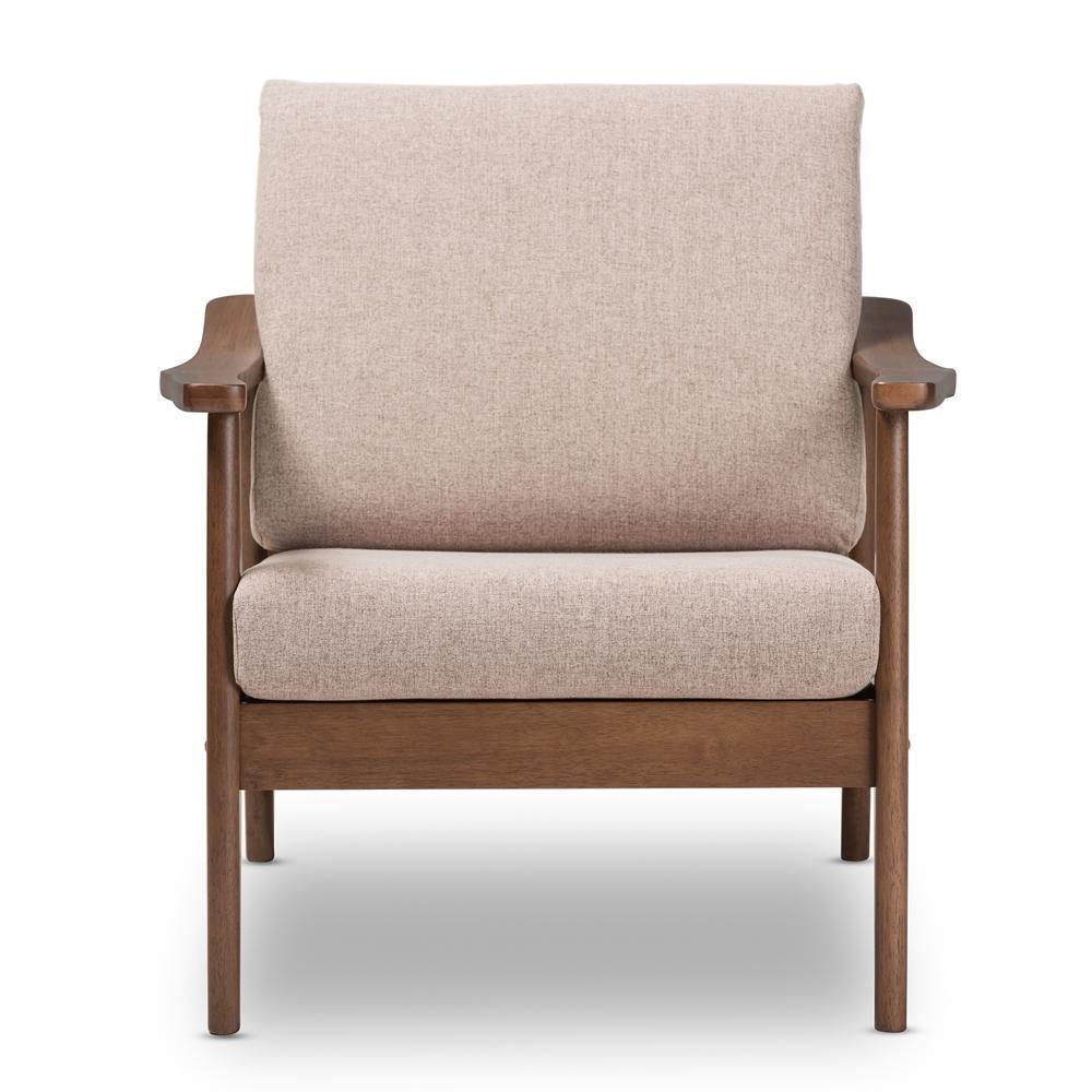 Venza Mid-Century Modern Walnut Wood Light Brown Fabric Upholstered Lounge Chair FredCo