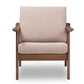 Venza Mid-Century Modern Walnut Wood Light Brown Fabric Upholstered Lounge Chair FredCo
