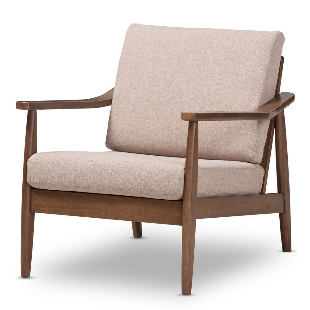Venza Mid-Century Modern Walnut Wood Light Brown Fabric Upholstered Lounge Chair FredCo