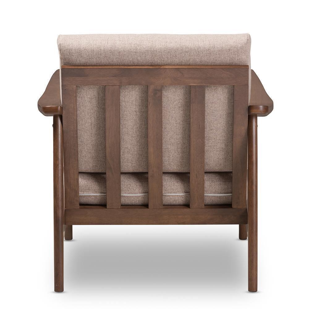 Venza Mid-Century Modern Walnut Wood Light Brown Fabric Upholstered Lounge Chair FredCo
