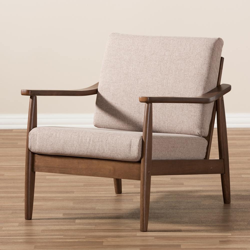 Venza Mid-Century Modern Walnut Wood Light Brown Fabric Upholstered Lounge Chair FredCo