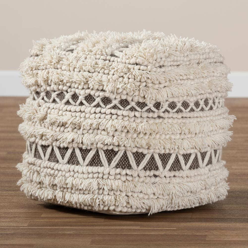 Vesey Moroccan Inspired Beige and Brown Handwoven Wool Pouf Ottoman FredCo